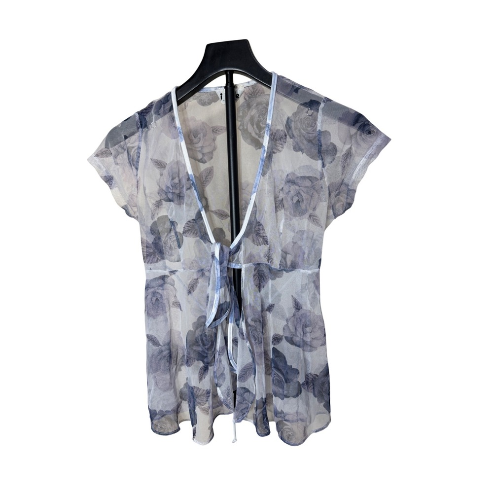 iRe Fashion USA Blue‎ Floral Mesh Tie Front Top Cardigan Sheer Rose Print  M